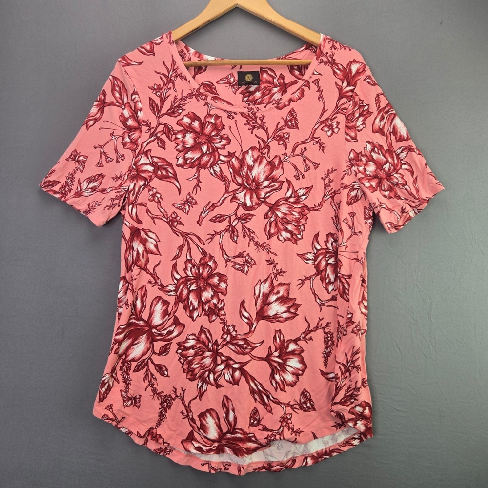 JM Collection Floral Top XL Pink Red Short Sleeve Butterfly Scoop Neck Curved